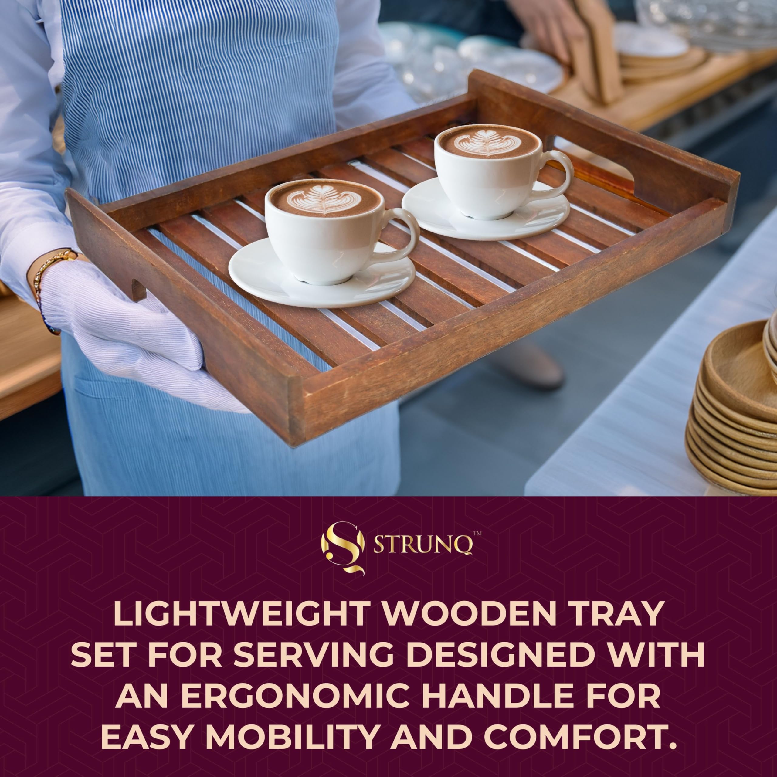 Strunq Wooden Tray Set For Serving, Serving Tray Set Of 3  Wooden Trays With Handles In Large, Medium & Small, Perfect For Coffe